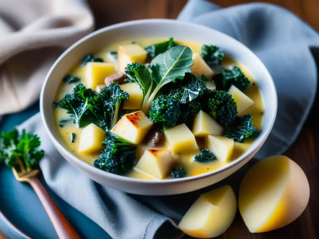 Una vista cercana de una deliciosa Zuppa Toscana vegetariana saludable, con colores vibrantes y ingredientes frescos en un caldo cremoso