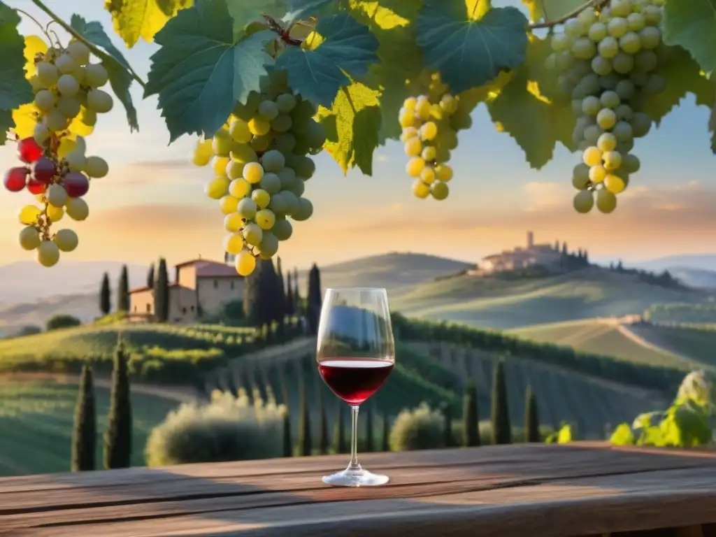 Vista de las colinas de la Toscana al atardecer con viñedos y una copa de vino tinto, experiencias enológicas premium Toscana