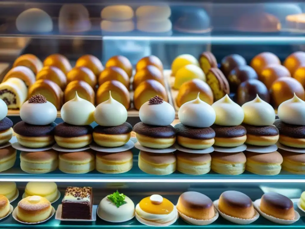 Vista detallada de una bulliciosa pastelería italiana con postres tradicionales y clientes disfrutando