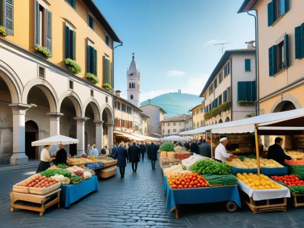 Vista detallada de un bullicioso mercado callejero en Bérgamo, Italia, con ingredientes frescos y coloridos