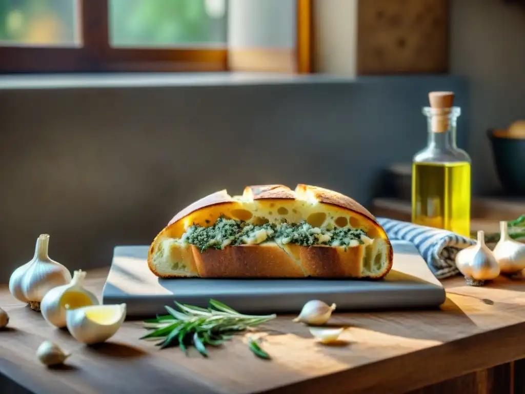 Vista detallada de cocina italiana rústica con ingredientes frescos para la receta pan de ajo italiano