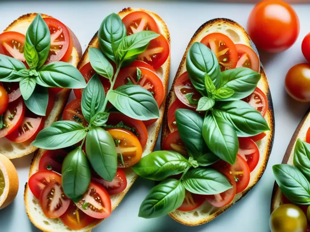 Una vista detallada de crostini con tomate, albahaca y una pizca de sal marina, una receta irresistible