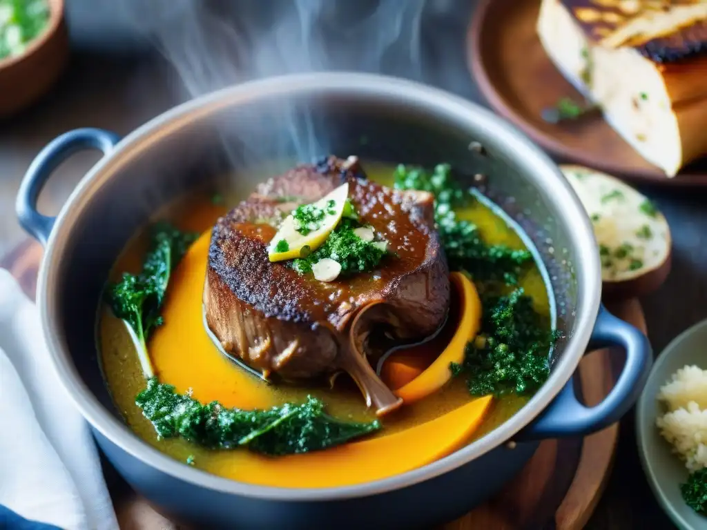 Una vista detallada de un guiso de Ossobuco alla Milanese, con caldo de azafrán, jarretes de ternera tiernos y guarnición de gremolata