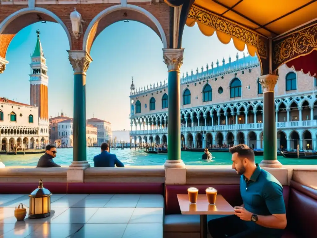 Vista detallada del histórico Caffè Florian en Venecia, con su arquitectura ornamental y terraza concurrida