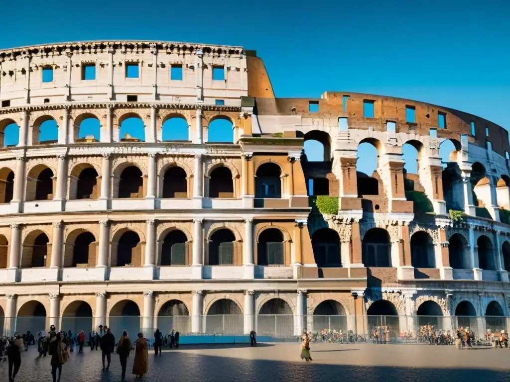 Una vista detallada del icónico Coliseo en Roma, resaltando su grandiosidad bajo un cielo azul