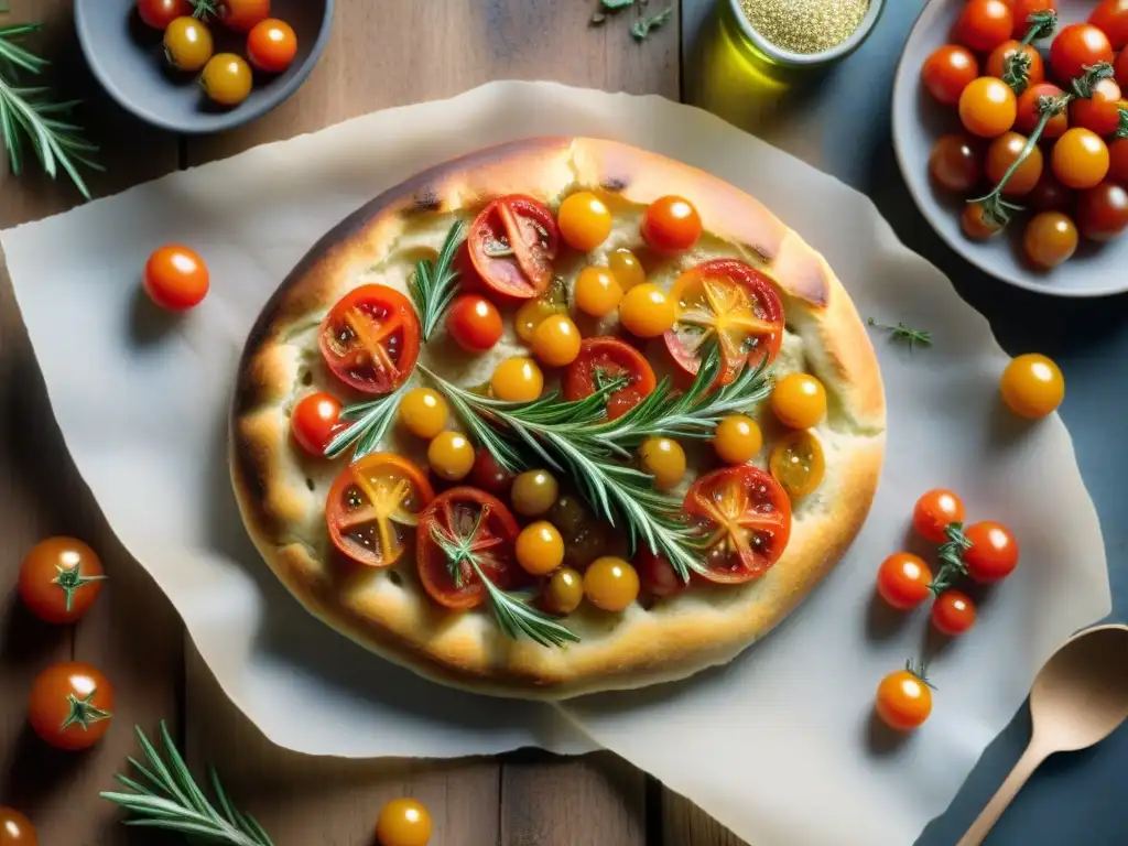 Una vista detallada de una mesa rústica con focaccias recién horneadas, adornadas con tomates cherry, romero, aceite de oliva y sal marina