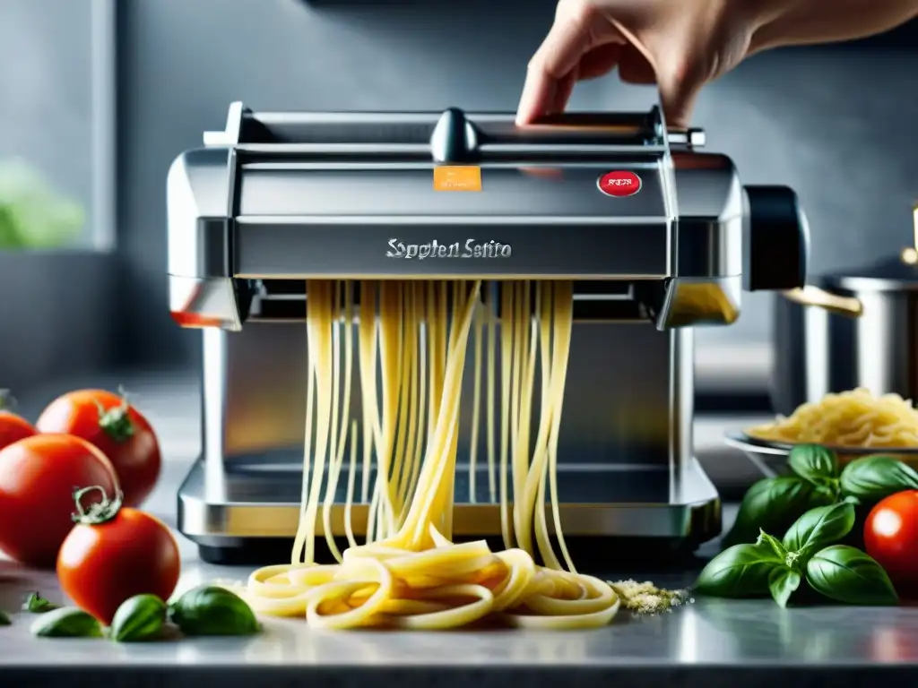 Máquina de hacer pasta: tradición y tecnología en acción Una vista detallada de una moderna máquina de hacer pasta italiana en acción, destacando su innovador diseño