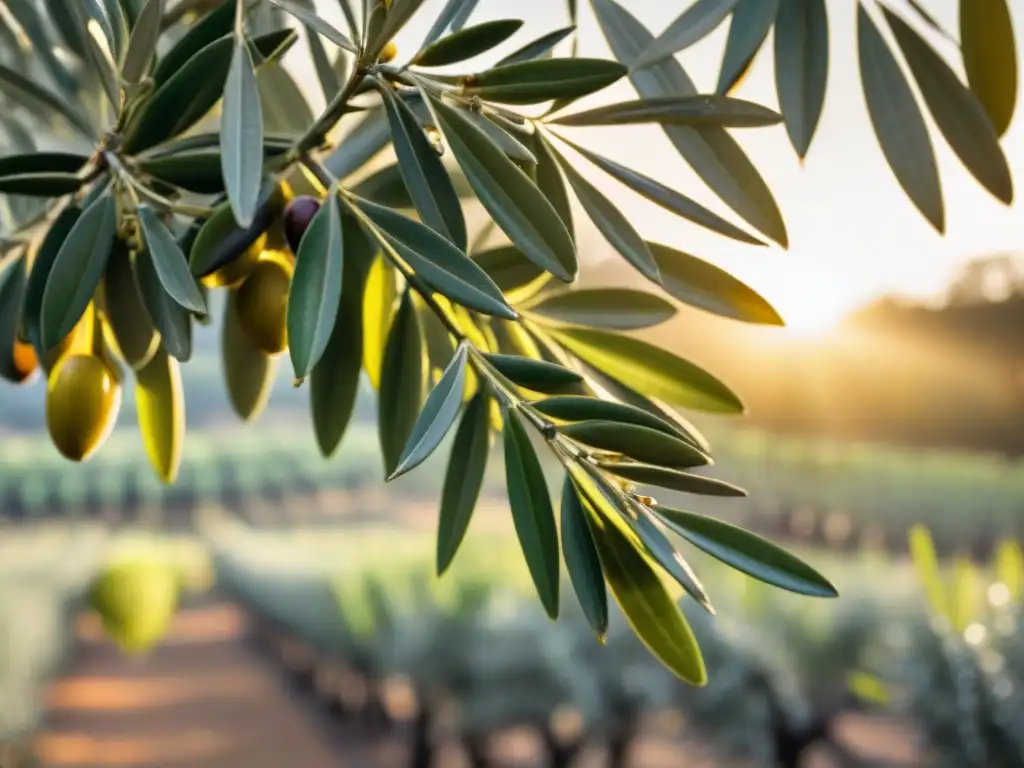 Vista detallada de un olivar italiano al amanecer, con hojas de olivo plateado brillando en la luz dorada, certificaciones aceite oliva premium