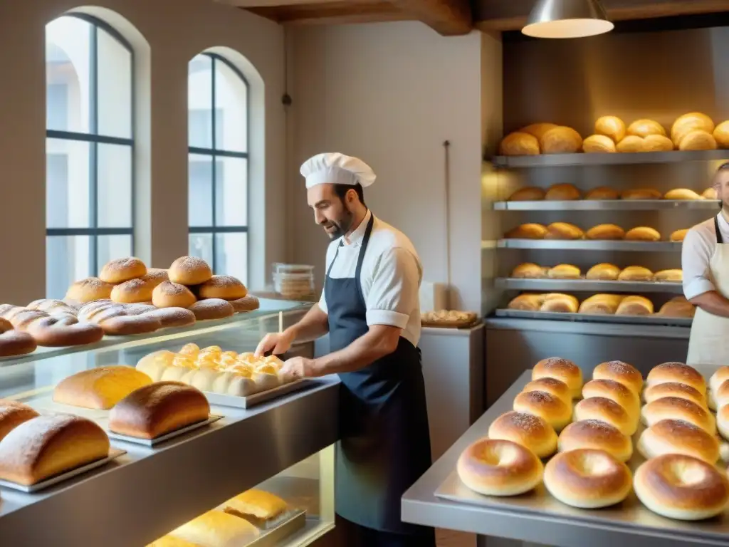 Vista detallada de una panadería italiana moderna, con clientes y panaderos creando un ambiente acogedor