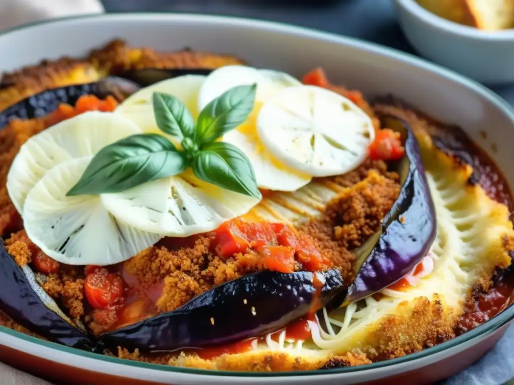 Vista detallada de una Parmigiana di Melanzane, receta Parmigiana berenjenas italiana tradicional