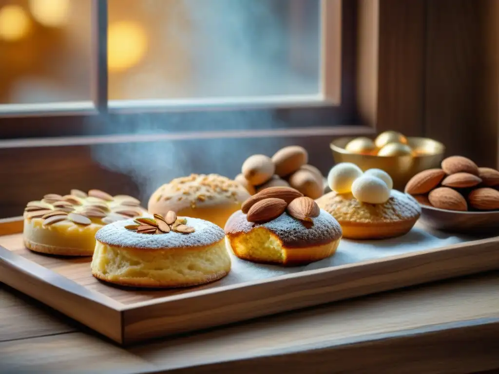 Vista detallada de una pastelería italiana con postres de almendra recién horneados en bandejas de madera