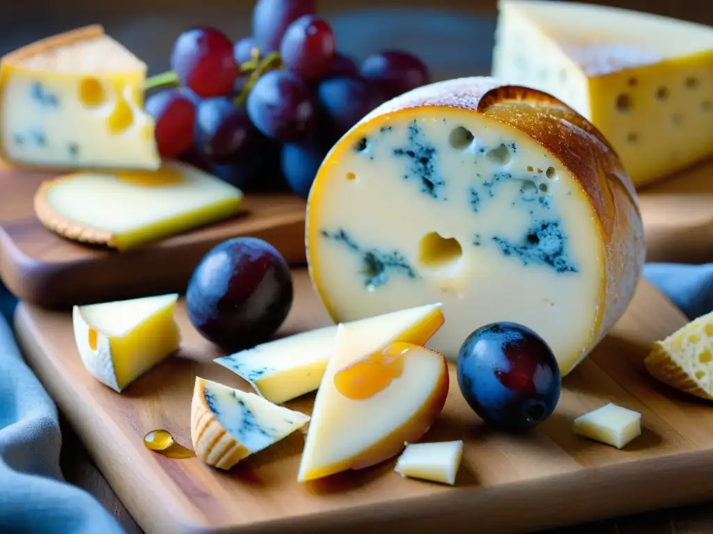 Delicioso queso Gorgonzola: detalle ultrarrealista con textura maravillosa Una vista detallada del queso Gorgonzola authentic, con vetas azules y blancas, rodeado de delicias en una tabla de madera