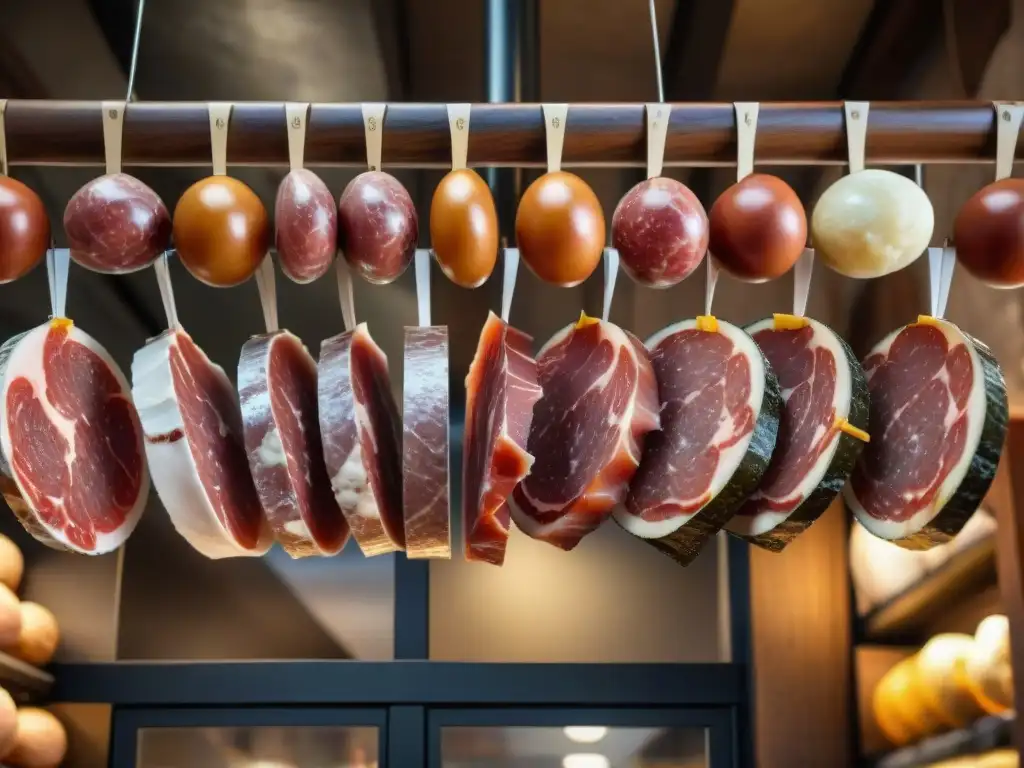 Una vista detallada de una salumería italiana con técnicas de curado y ahumado, resaltando los embutidos tradicionales como prosciutto y salami