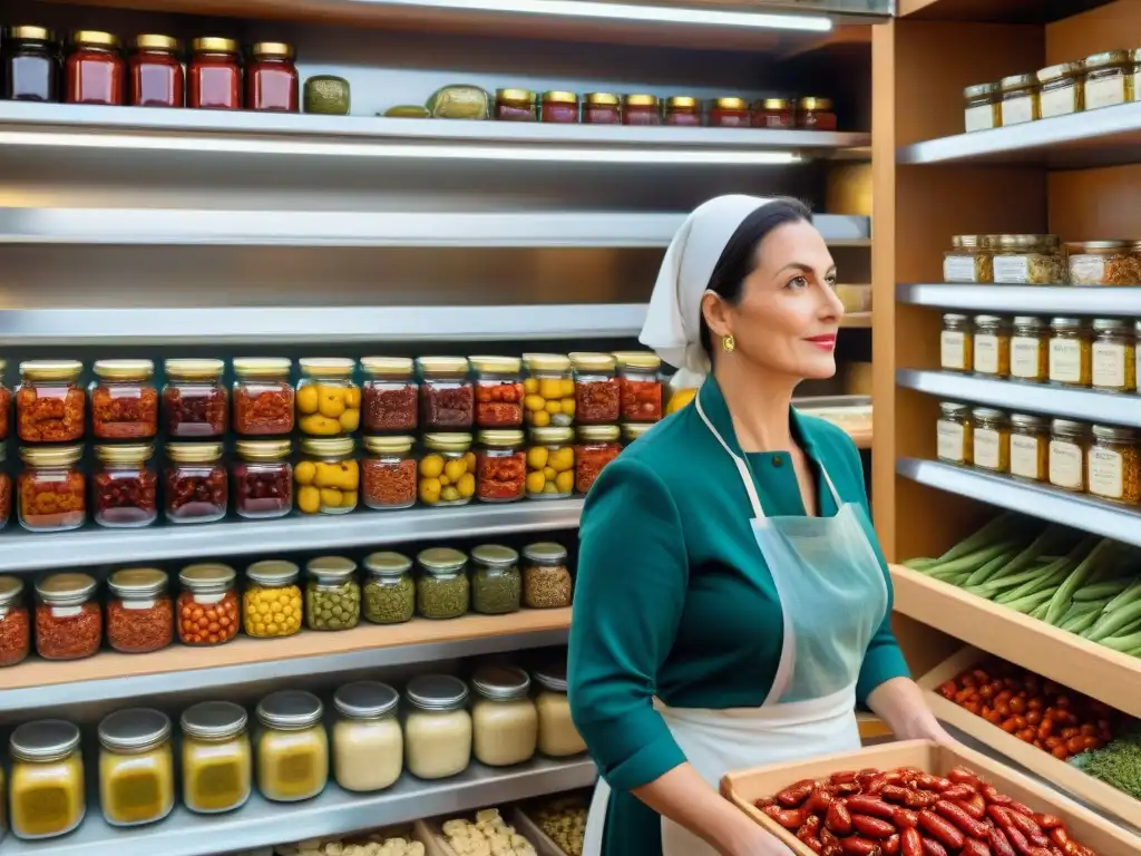 Vista detallada de una tienda de delicatessen italiana, mostrando técnicas de conservación antipasti italianos con colores y texturas vibrantes