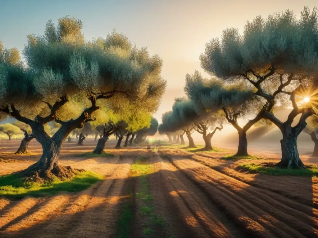 Una vista detallada de un tradicional olivar italiano al atardecer, destacando la belleza de los aceites de oliva italianos únicos