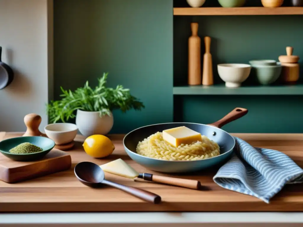 Vista detallada de utensilios esenciales cocina italiana en mesa rústica, bañados en cálida luz natural