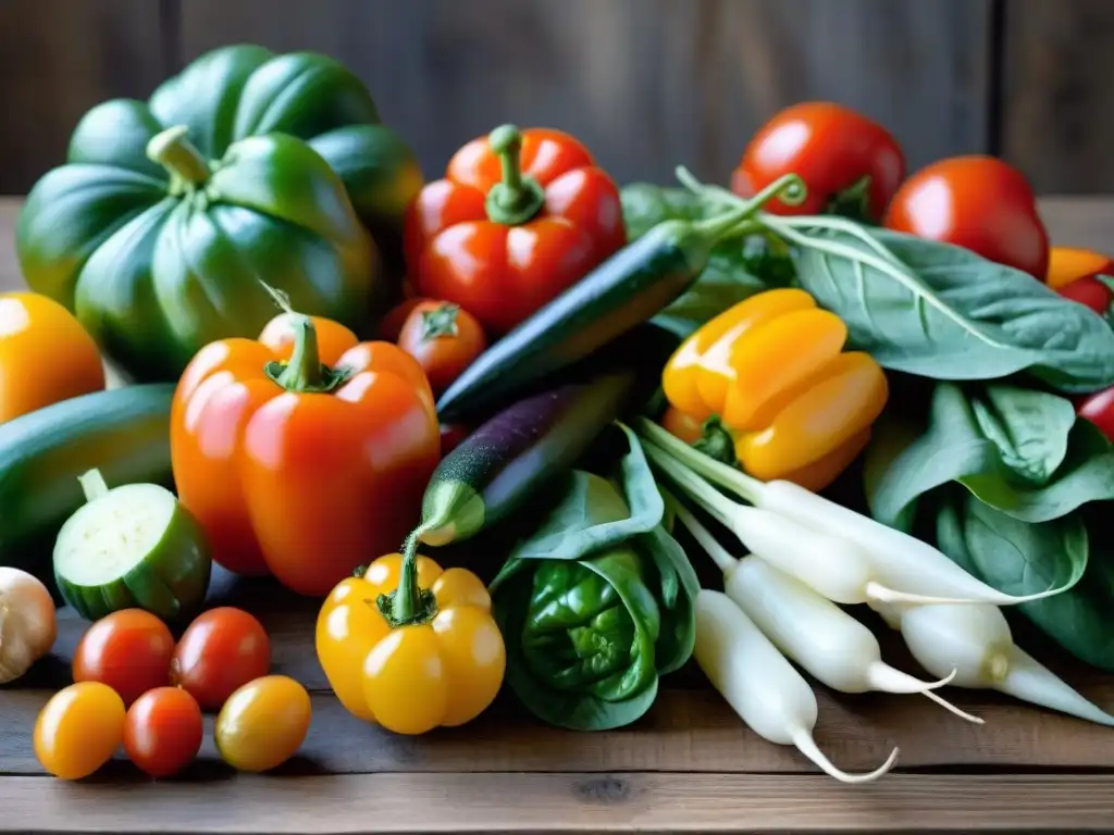 Vegetales frescos para sopa: tomate, zucchini, zanahoria Una vista detallada de verduras frescas y variadas sobre una mesa rústica, ingredientes clave para una receta minestrone saludable fácil preparar
