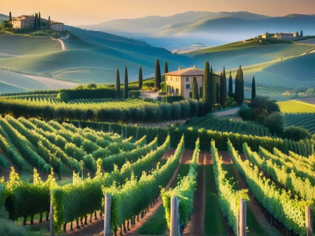 Una vista detallada de un viñedo pintoresco en la Toscana, Italia, bañado por la luz dorada del sol