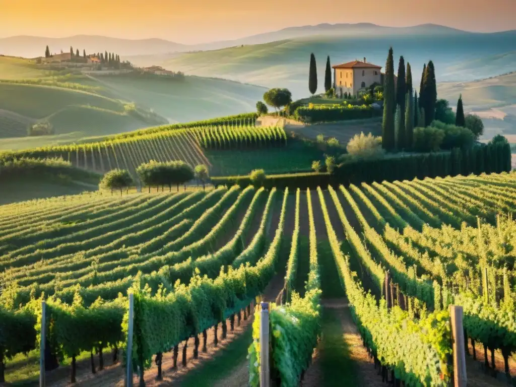 Vista dorada atardecer viñedo Toscana, Italia