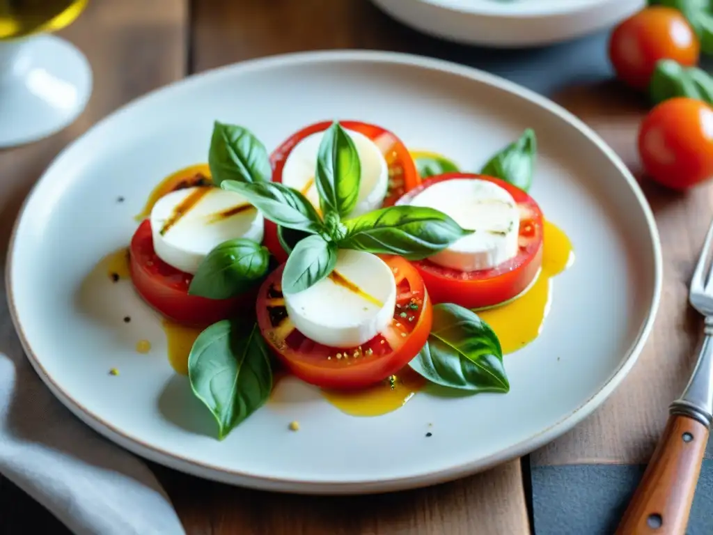 Deléitate en la vista de una exquisita ensalada Caprese, con tomates rojos, albahaca verde y mozzarella blanca, todo en un plato de cerámica rústico