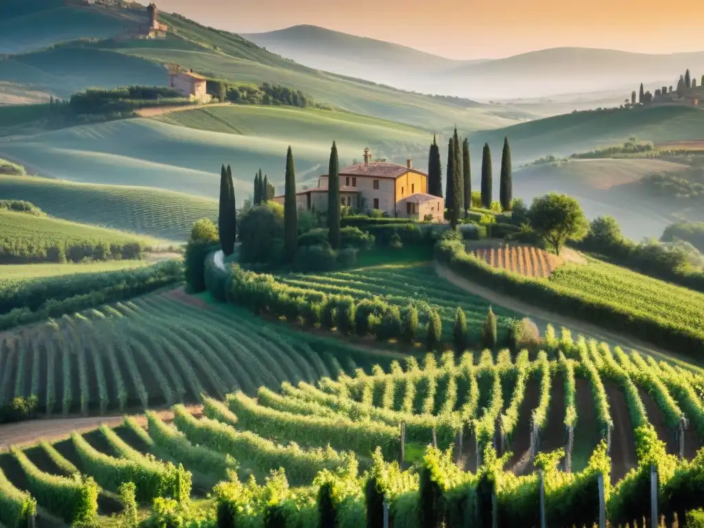 Vista impresionante de viñedos en Toscana al amanecer