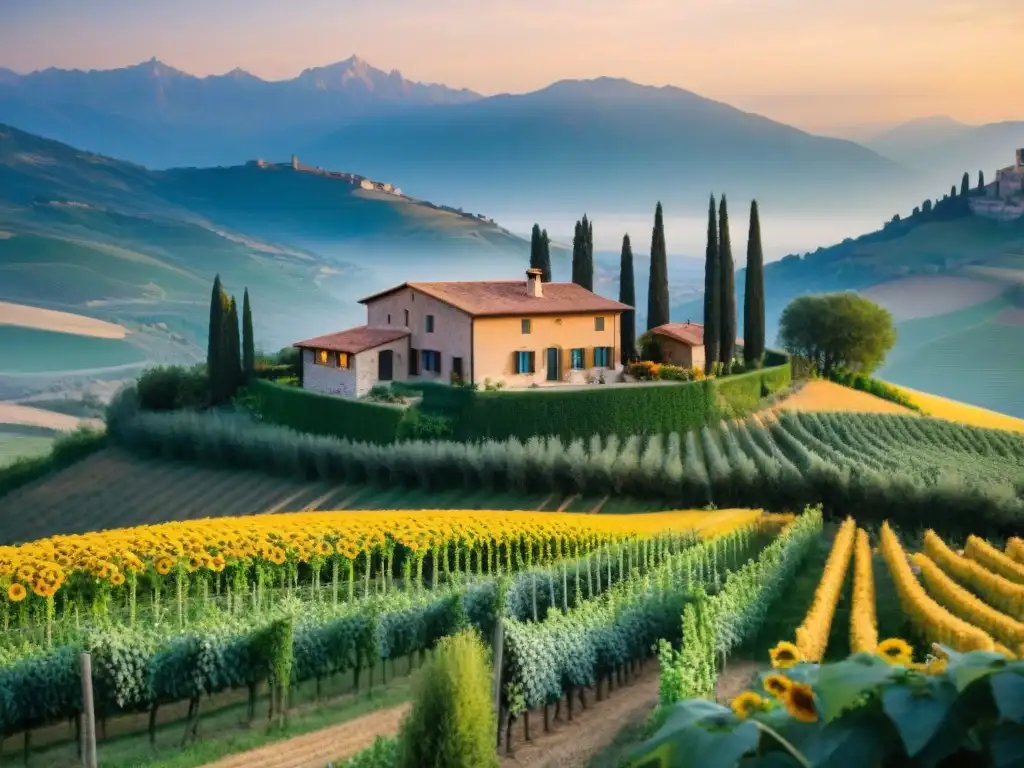 Vista de un lujoso alojamiento agroturismo en Italia entre viñedos y olivares al atardecer, rodeado de naturaleza exuberante y girasoles