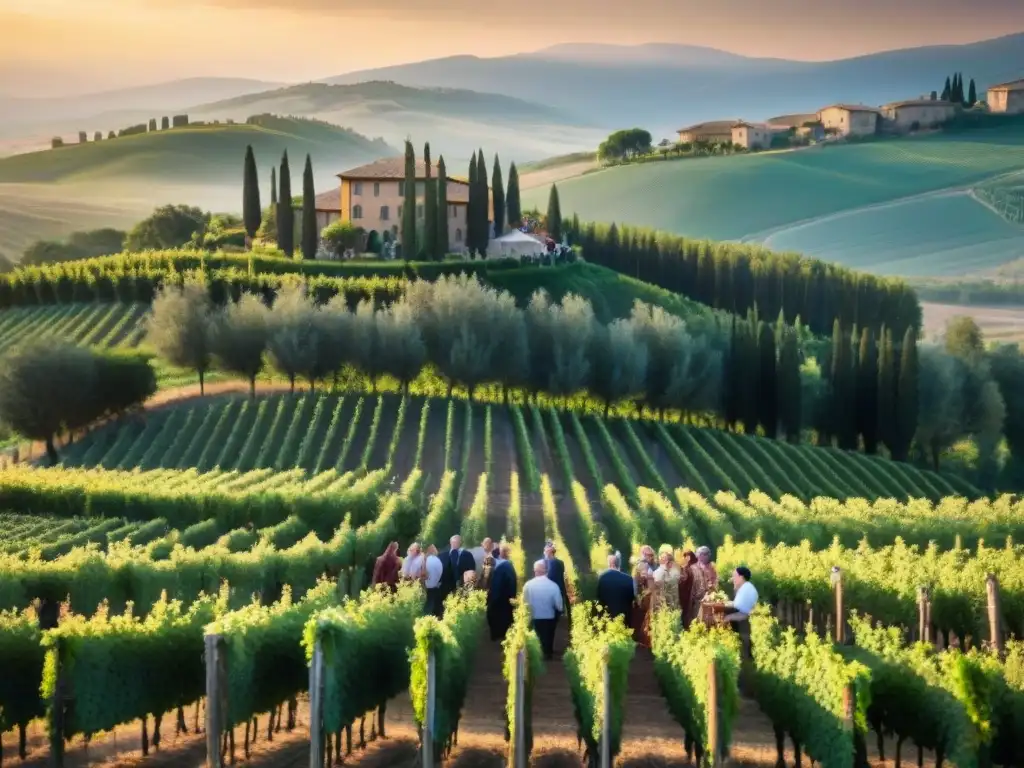 Vista de un lujoso viñedo en la Toscana al atardecer, donde se celebran eventos vinícolas Italia tradicionales