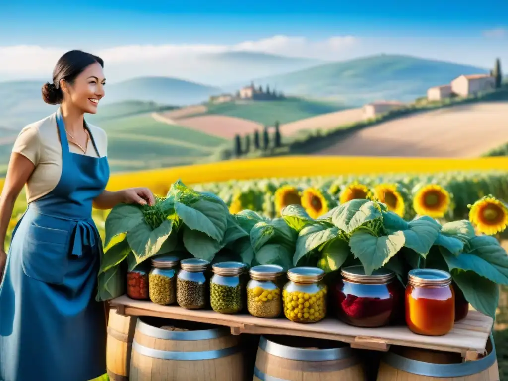 Vista panorámica de colinas en la Toscana con viñedos y campos de girasoles