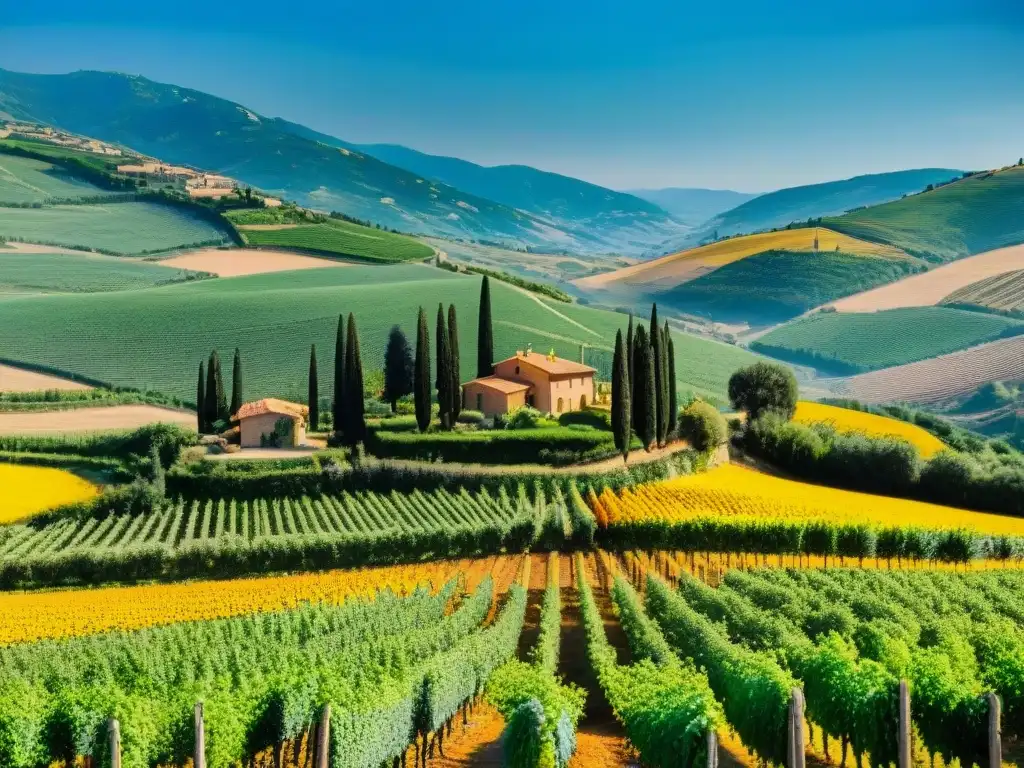 Una vista panorámica de la exuberante campiña italiana con viñedos y olivares, reflejando la autosuficiencia alimentaria en Italia