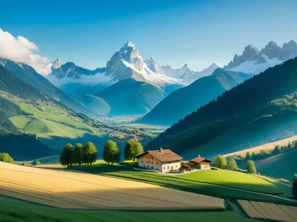 Vista panorámica de los Alpes italianos con una granja quesera tradicional y artesanal en primer plano, destacando el sabor único de la Fontina