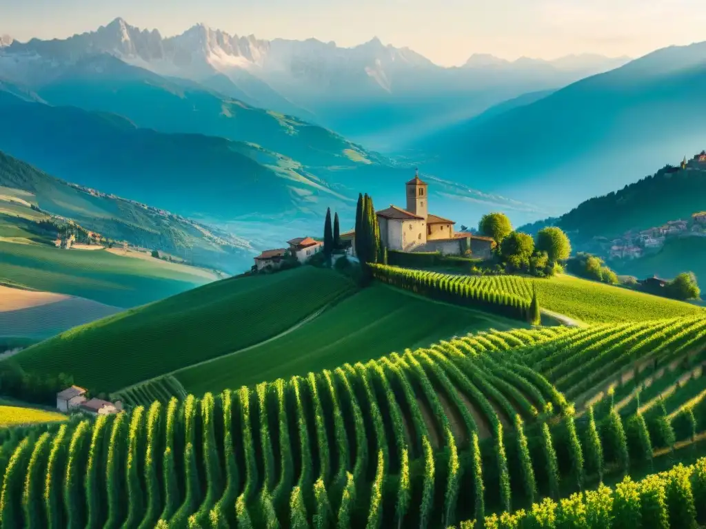 Vista panorámica de Lombardía con colinas verdes, pueblos pintorescos y los majestuosos Alpes italianos al fondo