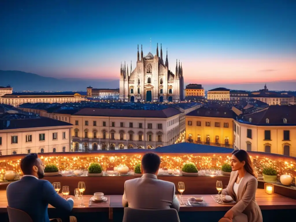 Una vista panorámica de Milán de noche, con la catedral iluminada, terrazas exclusivas y una atmósfera mágica