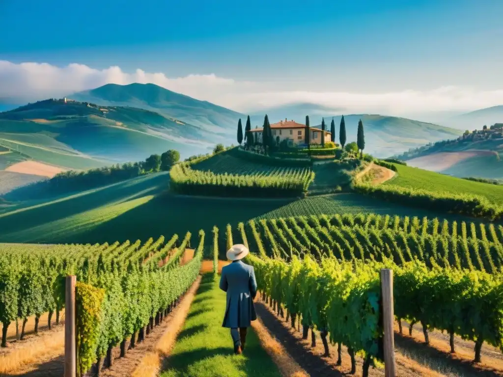 Vista panorámica de una pintoresca viña en la Toscana, Italia, con viñedos verdes bajo el cielo azul