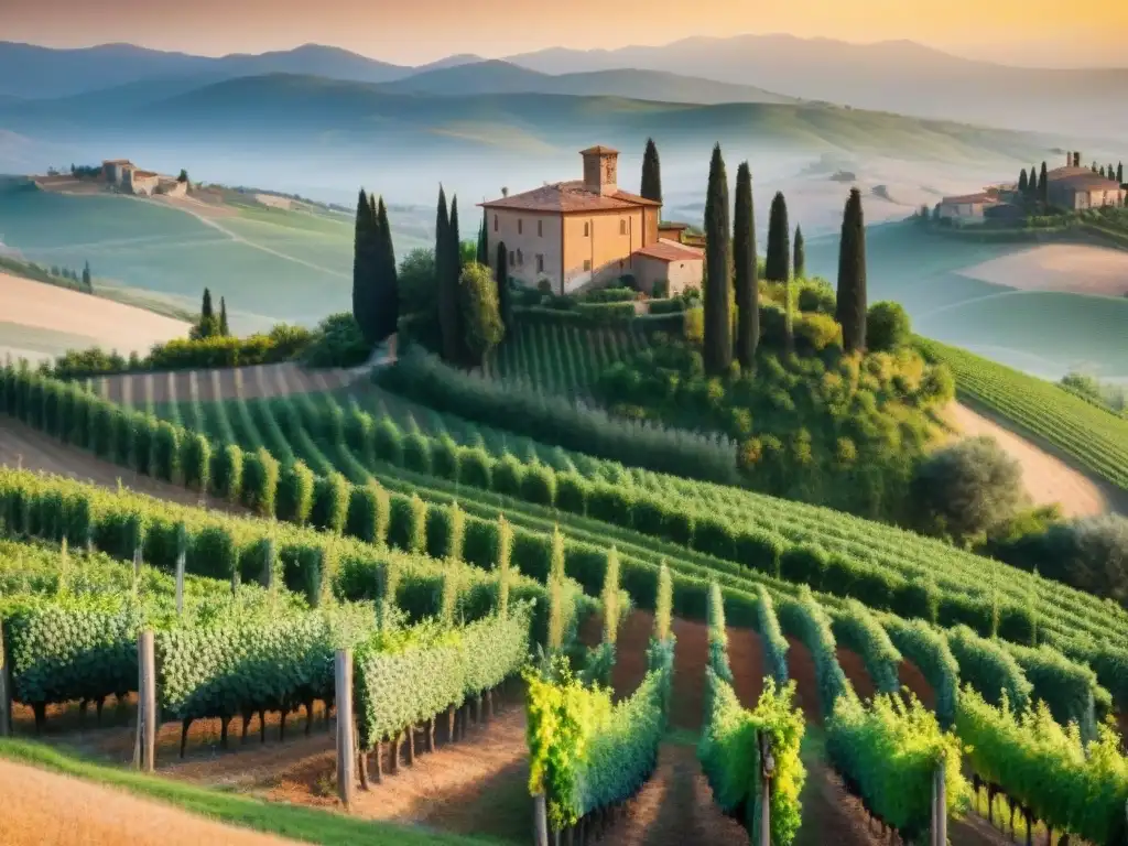 Vista panorámica de viñedos en la Toscana al atardecer, historia vinícola Italia viaje estancias