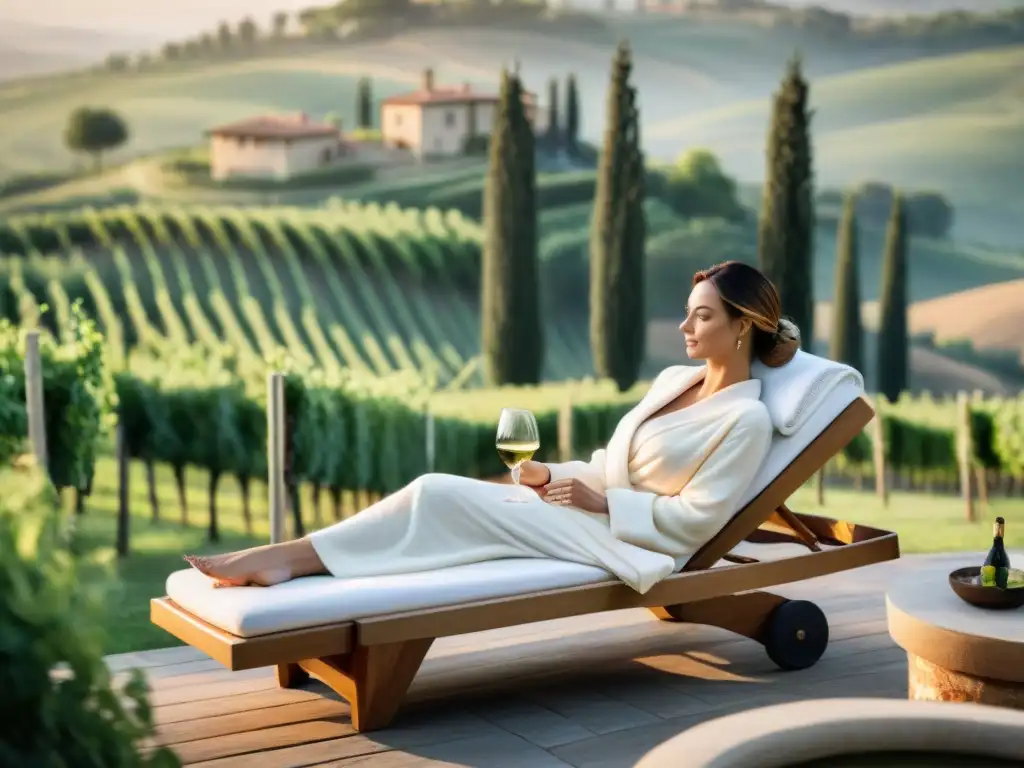 Vista serena de un lujoso spa en viñedos de Italia con piscina al aire libre, hamacas y cipreses bajo el sol