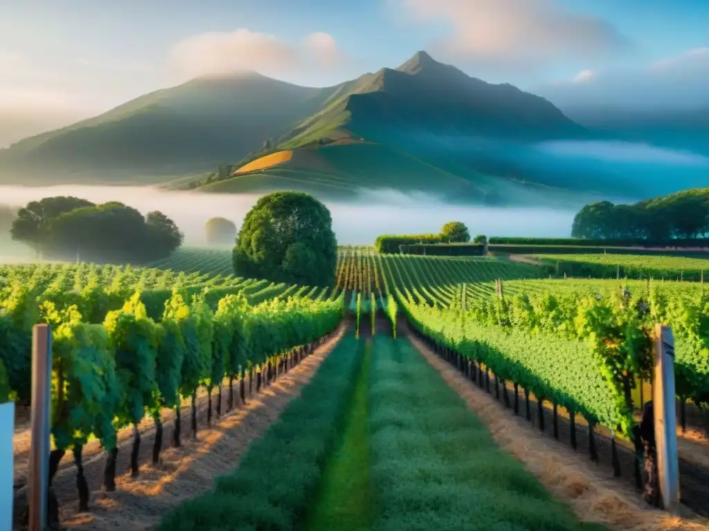 Vista serena de viñedo al amanecer con filas de vides verdes bajo cielo pastel