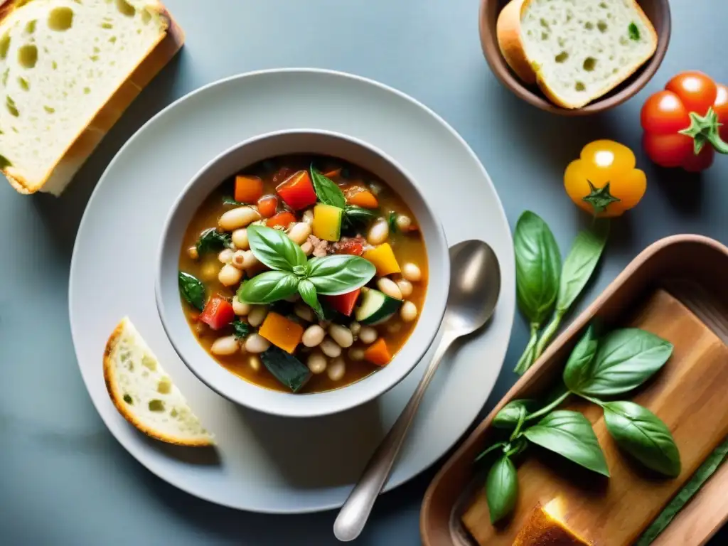 Una vista aérea vibrante de una mesa rústica con una sopa italiana Minestrone vegetariana saludable, acompañada de pan artesanal y cuchara de plata vintage, bañada en cálida luz natural