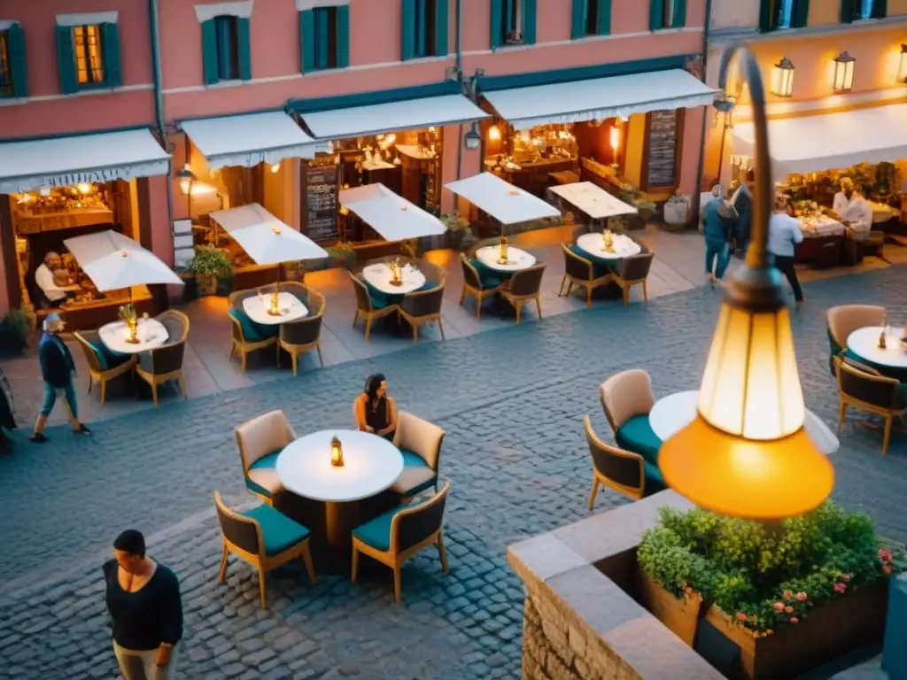 Vistas aéreas de un animado café histórico en Italia, con decoración tradicional y clientes disfrutando de espresso