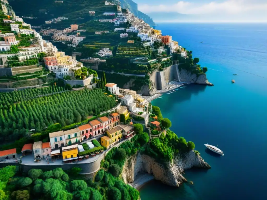 Vistas aéreas impresionantes de pueblos coloridos en acantilados de la Costa Amalfitana, destacando la belleza de la cocina tradicional italiana