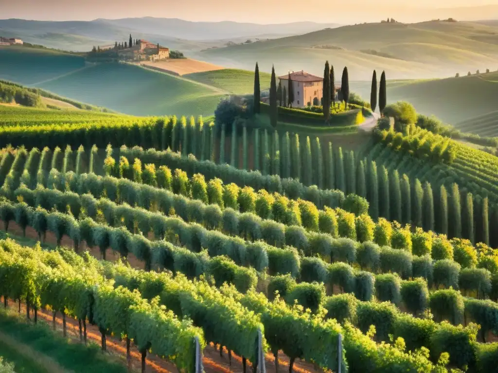 Vistas aéreas de viñedos en Toscana al atardecer, escena serena de Experiencias enológicas premium Toscana