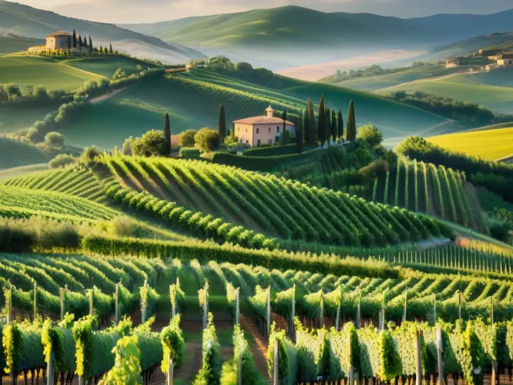 Vistas impresionantes de viñedos en las colinas de la Toscana al atardecer