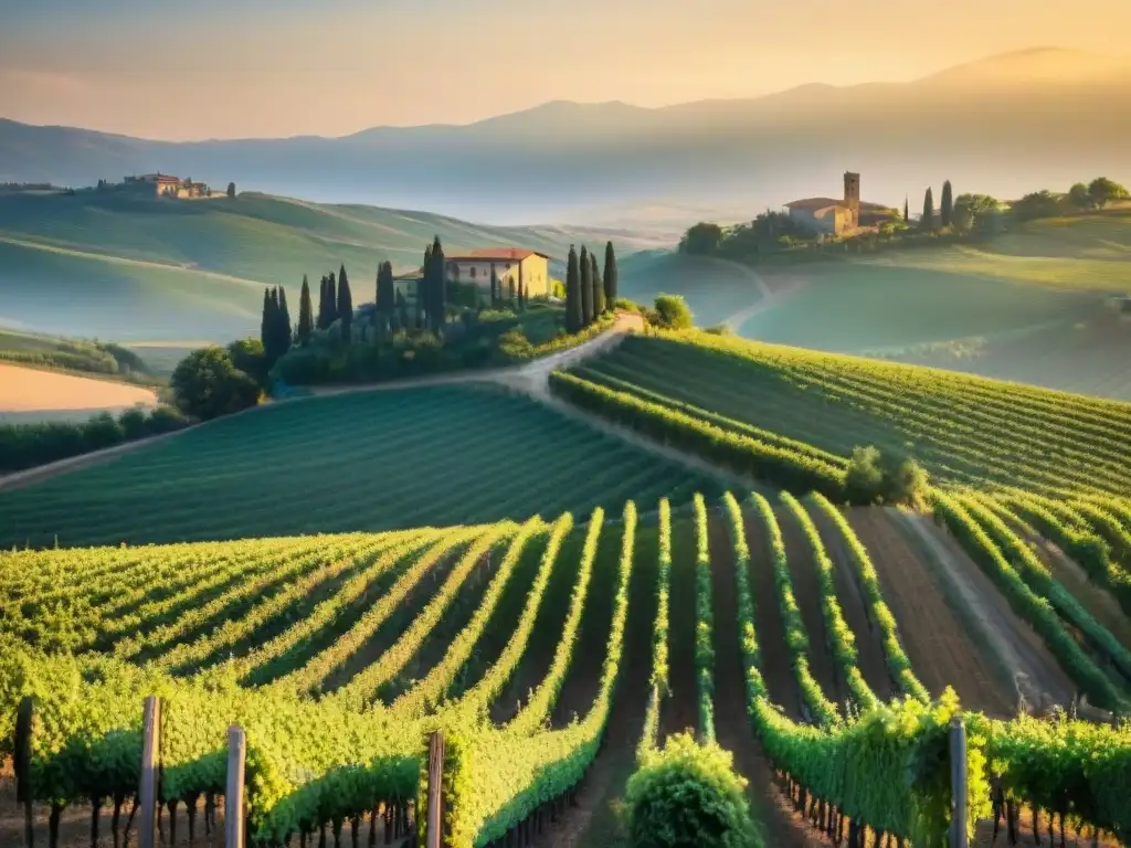 Vistas panorámicas de viñedos en las colinas de la Toscana al atardecer