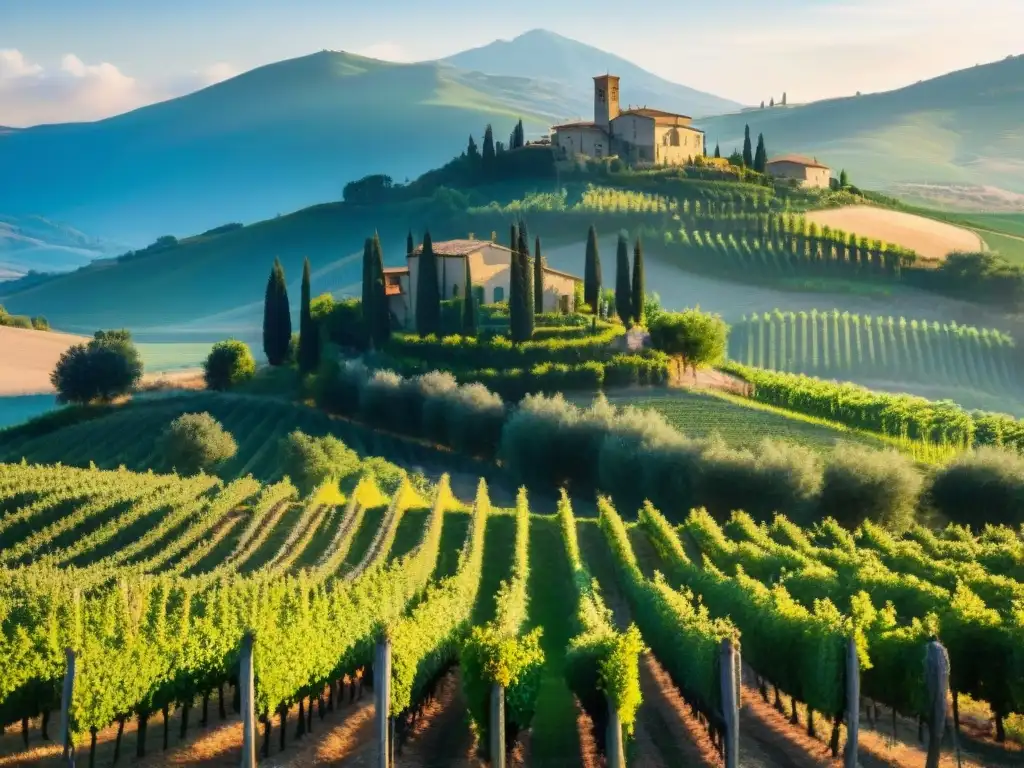 Vistas panorámicas de viñedos en Toscana, Italia, bajo un cielo azul