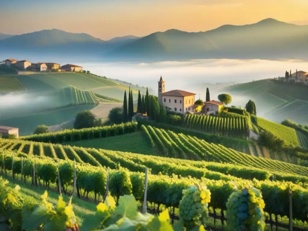 Atardecer dorado en viñedos de la región del Veneto, Italia Vistas panorámicas de viñedos en Veneto al atardecer, Prosecco: historia y evolución