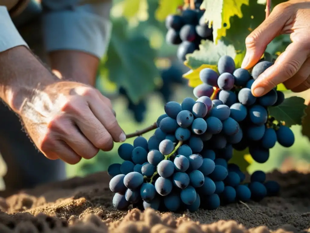 Un viticultor examina con cuidado racimo de uvas Sangiovese en viñedo toscano