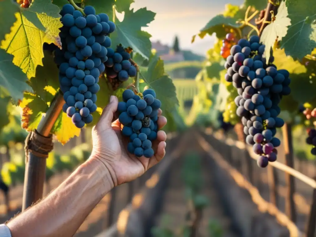 Un viticultor italiano experto inspecciona uvas Sangiovese en un viñedo de Toscana