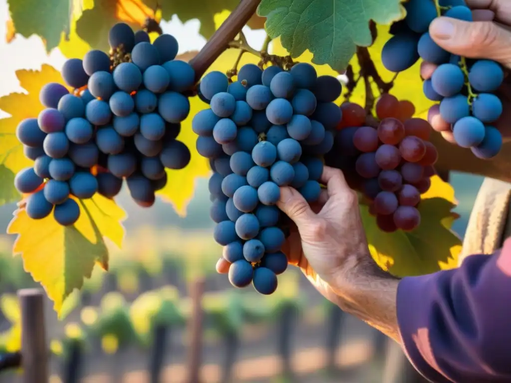 Un viticultor italiano experto inspecciona uvas Sangiovese en la dorada luz de la Toscana