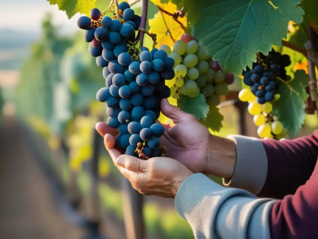 Un viticultor italiano sostiene racimo de uvas Sangiovese en viñedo de la Toscana