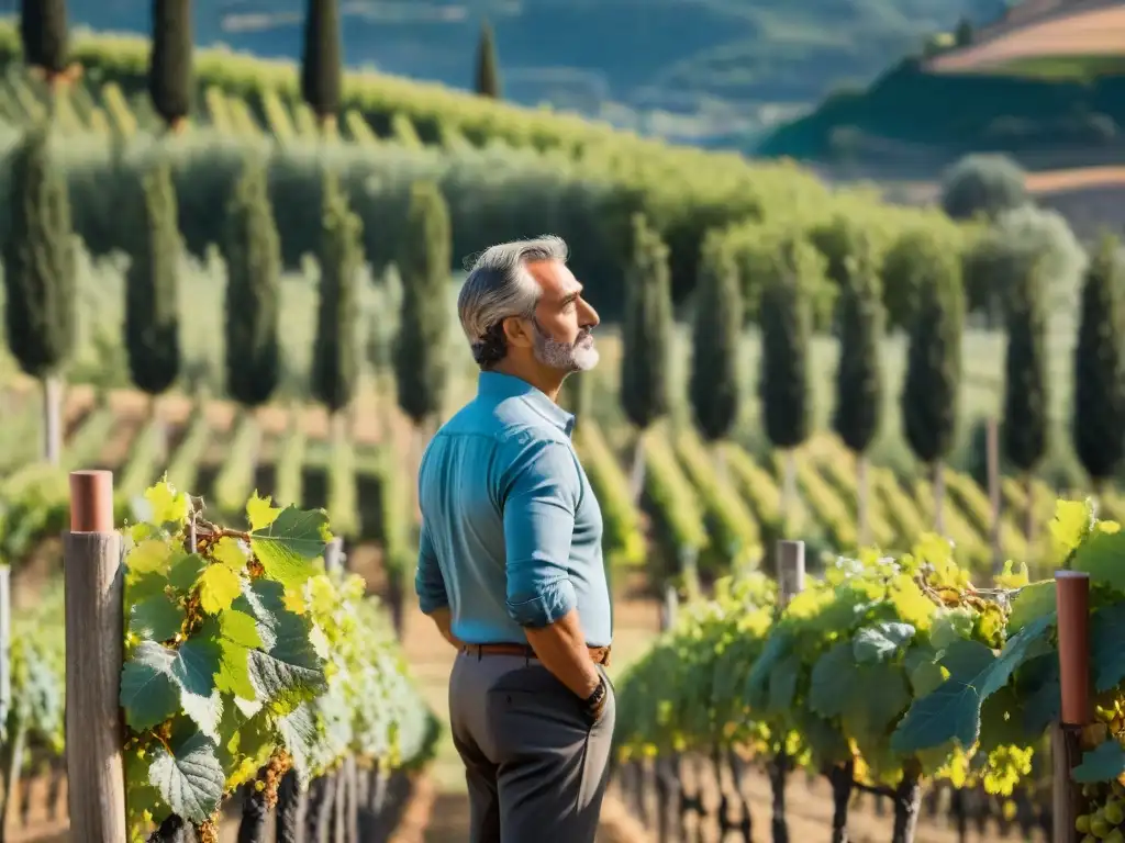 Vinicultor italiano inspeccionando viñedos bajo el sol de la Toscana Un viticultor italiano inspecciona con atención viñedos de Sangiovese bajo el sol de la Toscana