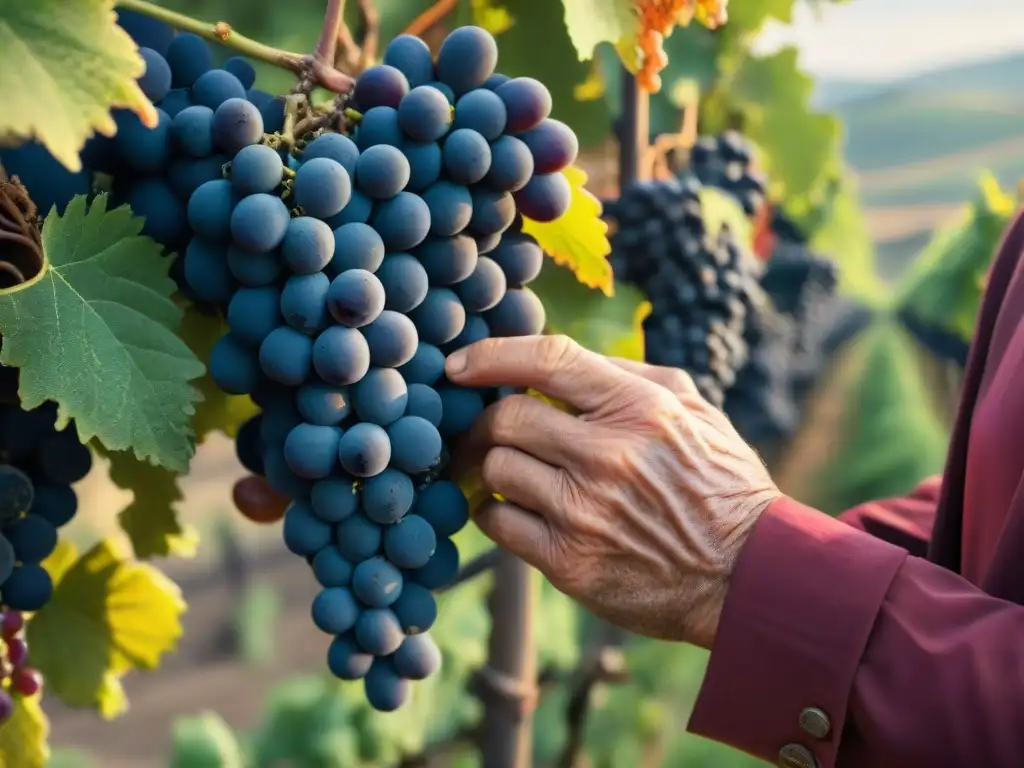 Manos sabias: inspección de uvas Sangiovese en la Toscana Un viticultor italiano tradicional examina con cuidado uvas Sangiovese bajo el sol de la Toscana